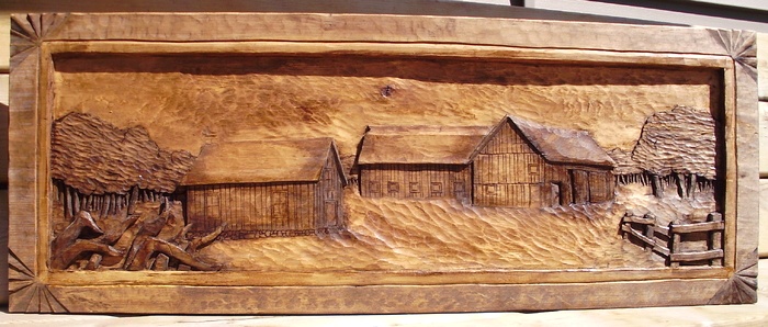 Farmstead, A Hand Carved Deep Relief woodcarving Wood Carvings 