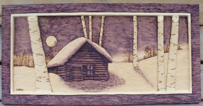 Woodcarvings  Rustic Cabin, deep relief  Wood Carvings 