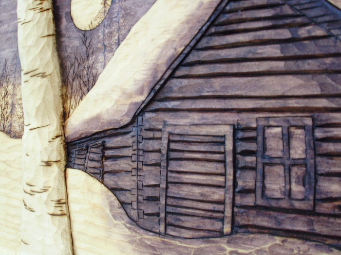 Woodcarvings  Rustic Cabin, deep relief  Wood Carvings 