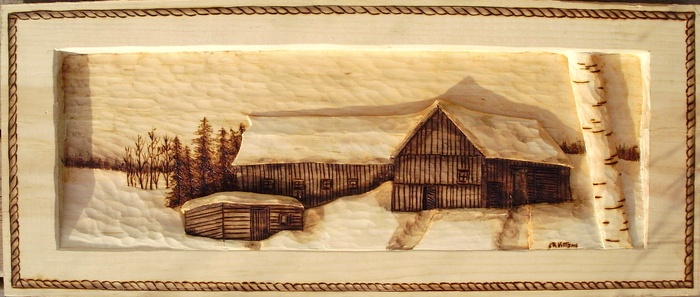 Baraga Barn in Winter Wood Carvings 