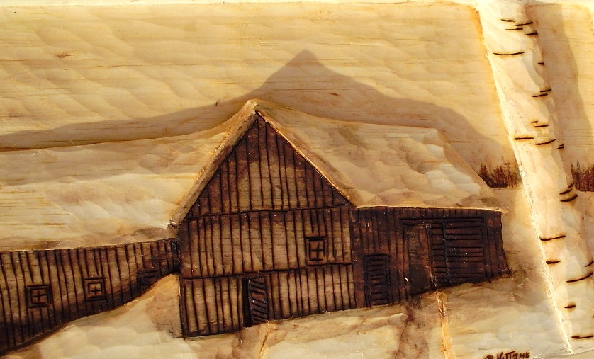 Baraga Barn in Winter Wood Carvings 