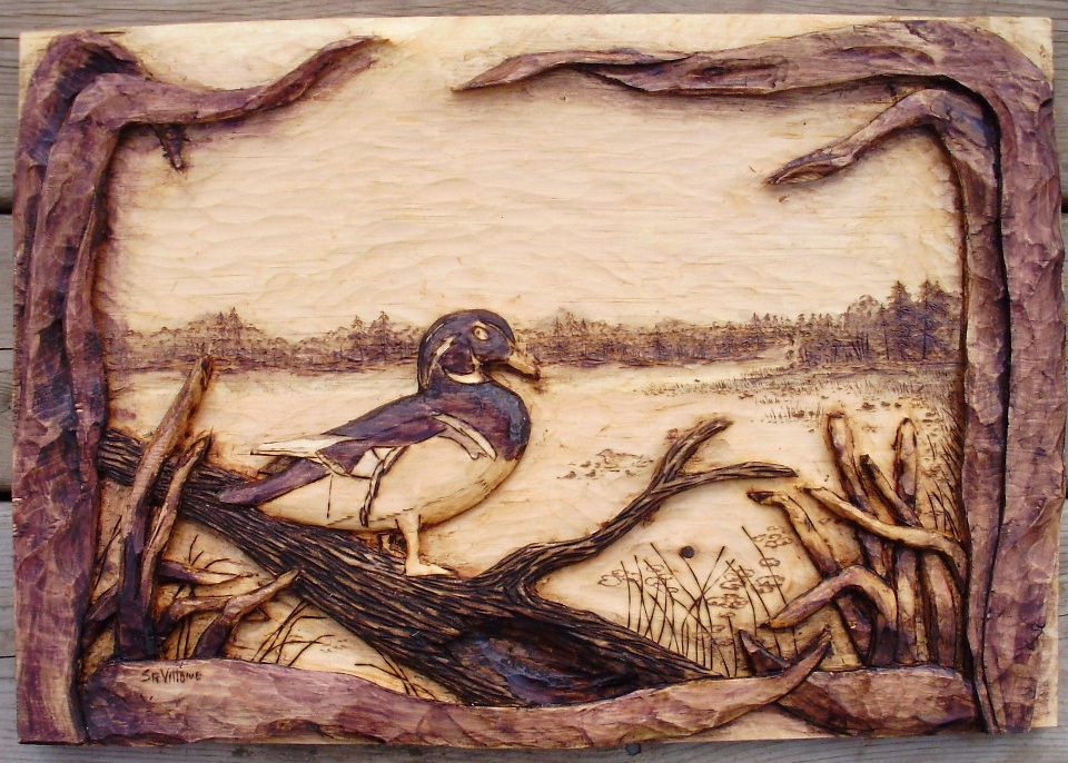 Wood Duck in the Cat Tail Leaves Wood Carvings 