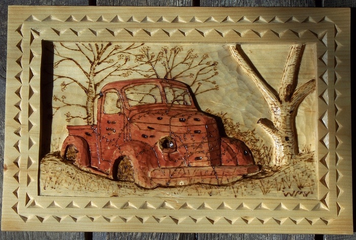 Relief carving of 1939 International Pickup  Wood Carvings 