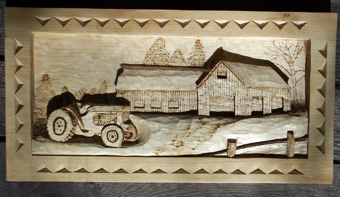 Hand Carved deep relief of tractor and farm SOLD Wood Carvings 