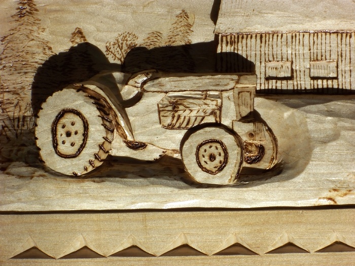 Hand Carved deep relief of tractor and farm SOLD Wood Carvings 
