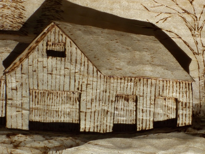 Hand Carved deep relief of tractor and farm SOLD Wood Carvings 