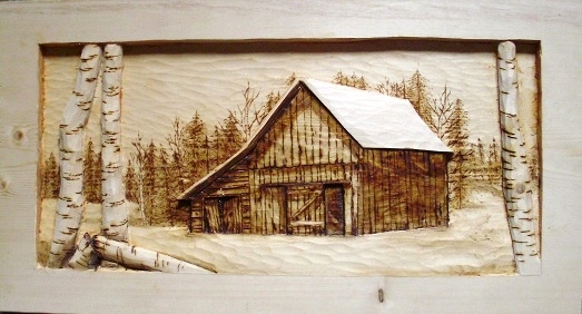 Wood Carved Old Barn with Broken Birch  Wood Carvings 