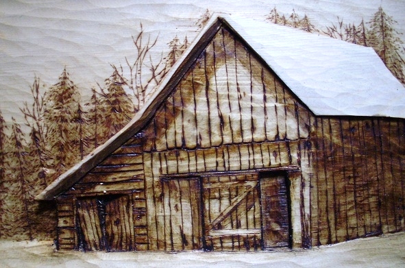 Wood Carved Old Barn with Broken Birch  Wood Carvings 