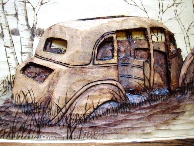 Hand Carved Old Car on Grandma's Farm Wood Carvings 