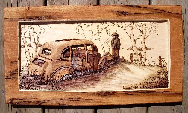 Hand Carved Old Car on Grandma's Farm Wood Carvings 