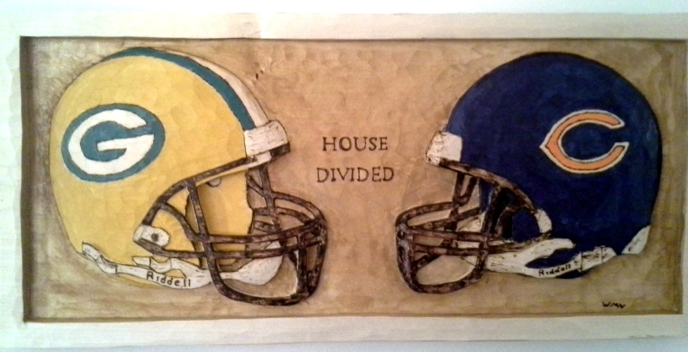  House Divided Greenbay and Chicago Carved Wall Plaque Wood Carvings 