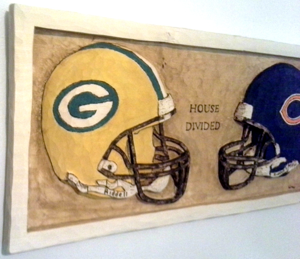  House Divided Greenbay and Chicago Carved Wall Plaque Wood Carvings 