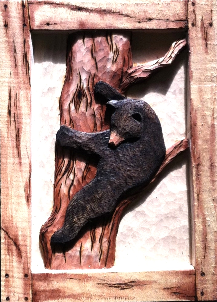 Hand Carved Black Bear Cub Wood Carvings 