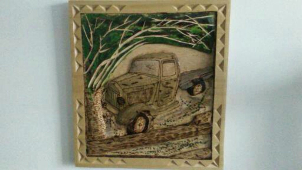 Wood Carvings Old Farm Truck Hand Carved Deep Relief Old Truck on the