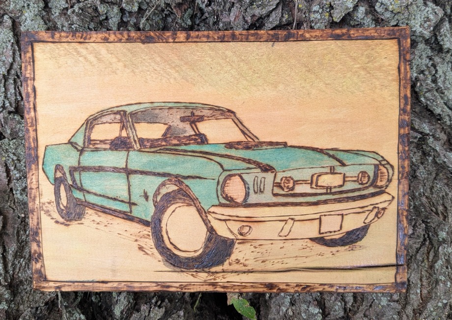 Wood Burned Classic Ford Mustang  Wood Carvings 